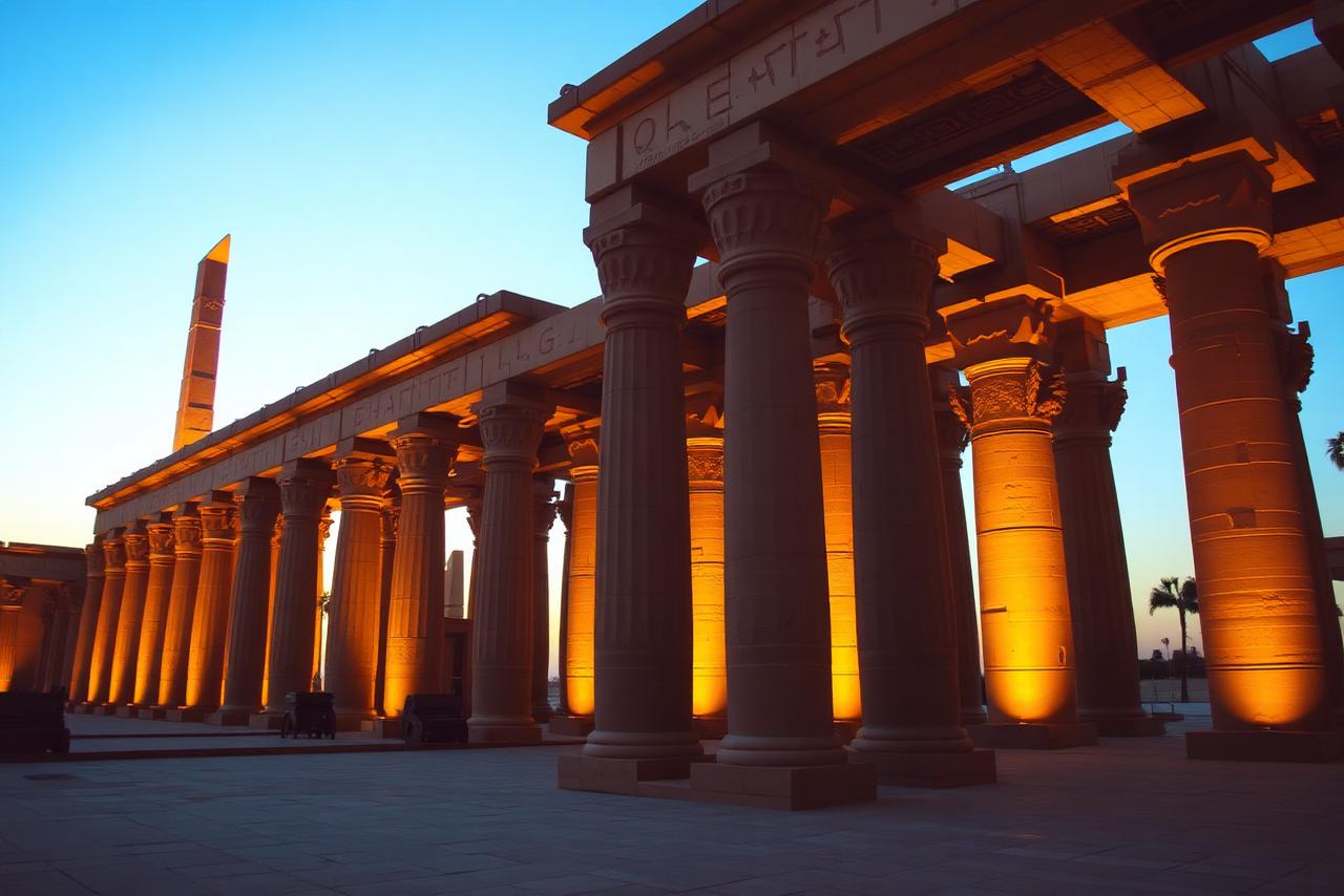 Luxor Temple colonnade and obelisk illuminated at golden hour