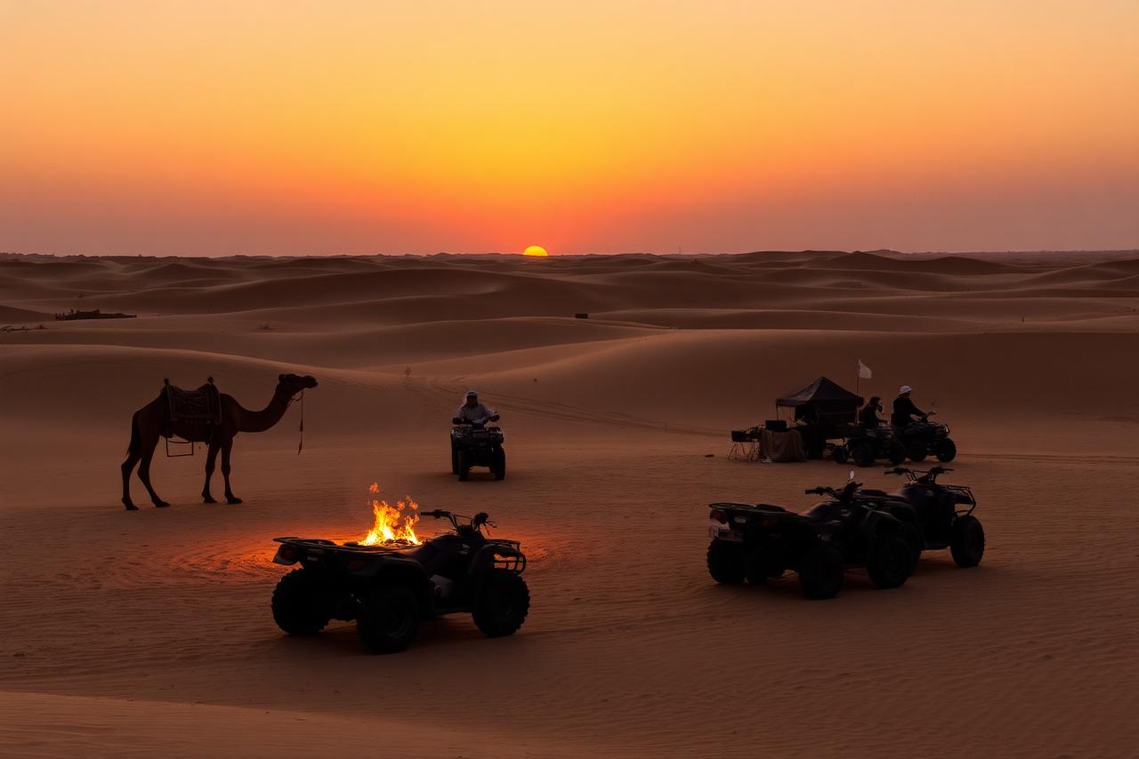 Bedouin desert camp at sunset with camels and parked quad bikes