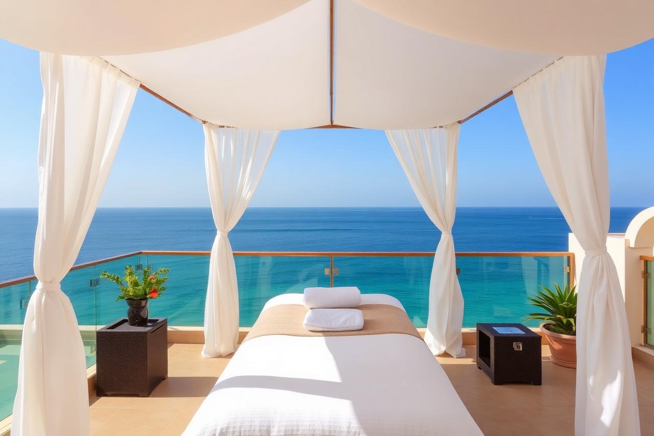 Outdoor spa terrace with massage bed overlooking the Red Sea