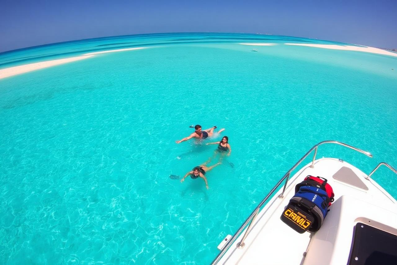 Speedboat anchored at a quiet Red Sea sandbank with swimmers