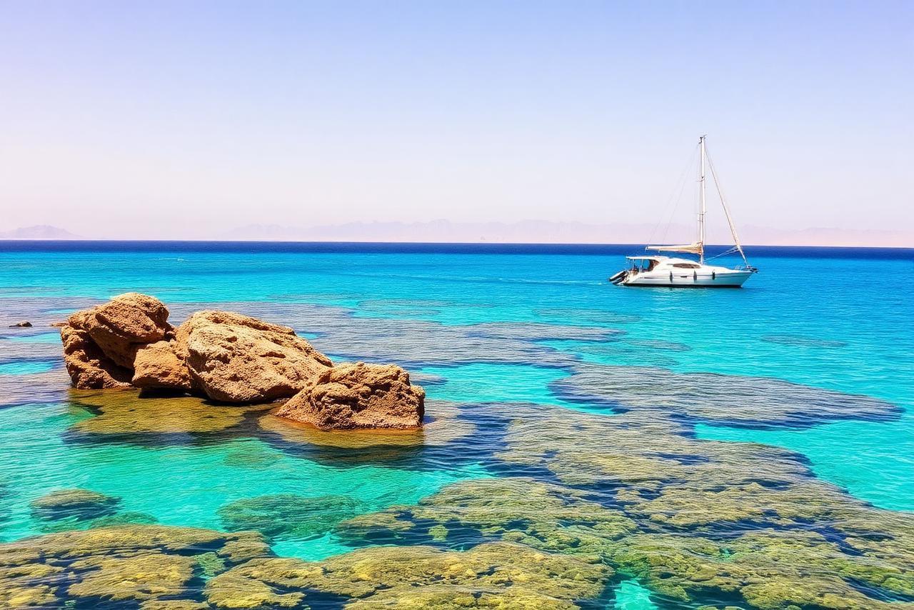 Coral reef and anchored boat at Giftun Island, Hurghada