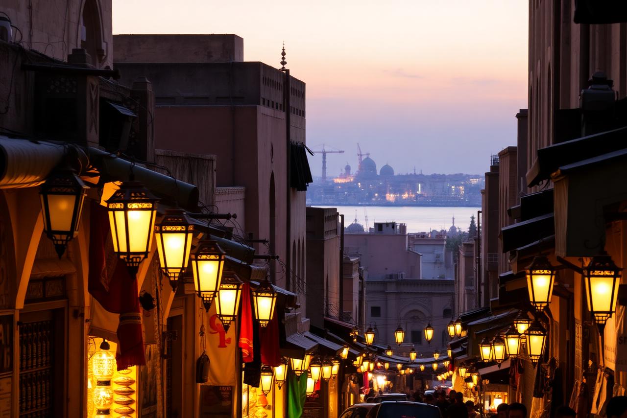 Lantern-lit bazaar street in old Cairo at dusk