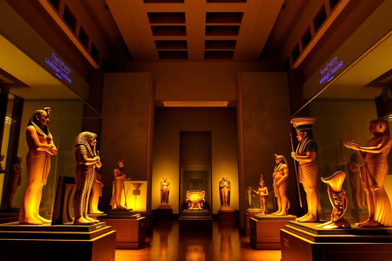 Ancient Egyptian statues and artifacts inside the Egyptian Museum in Cairo