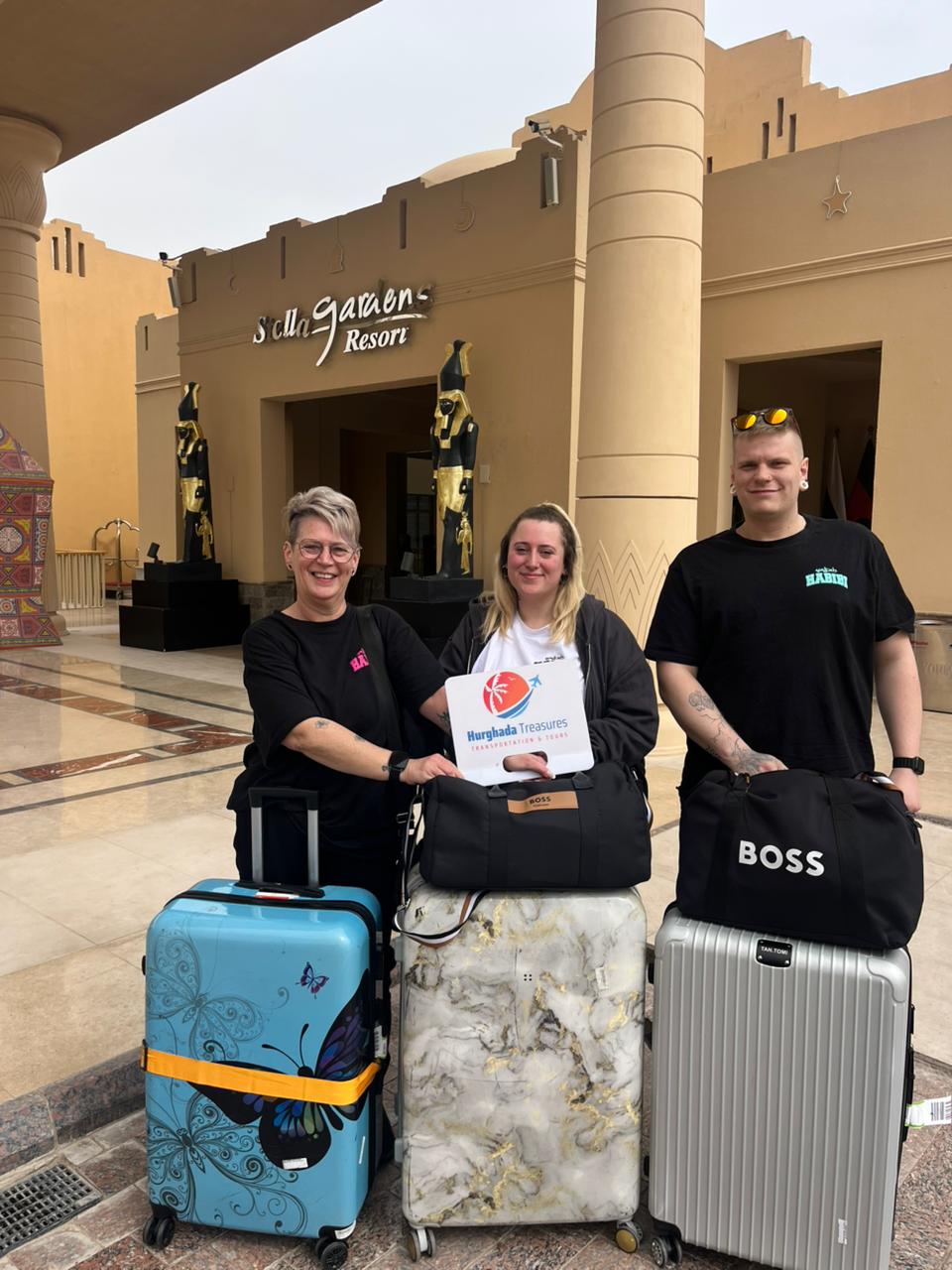 Guests with suitcases at Stella Gardens Resort Makadi Bay ready for their transfer